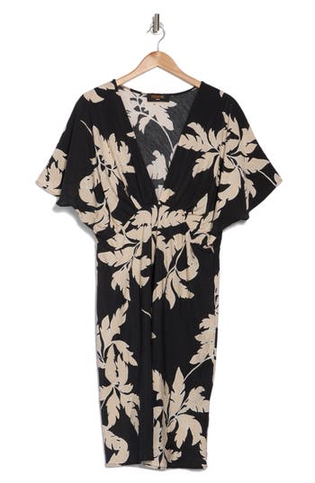 Shop Renee C Floral Short Sleeve Empire Waist Dress In Black/taupe