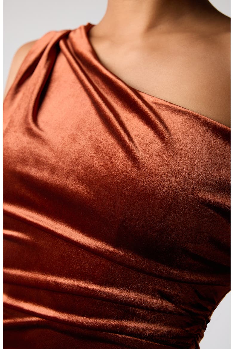 Anya Ruched One-Shoulder Velvet Minidress, Alternate, color, COPPER