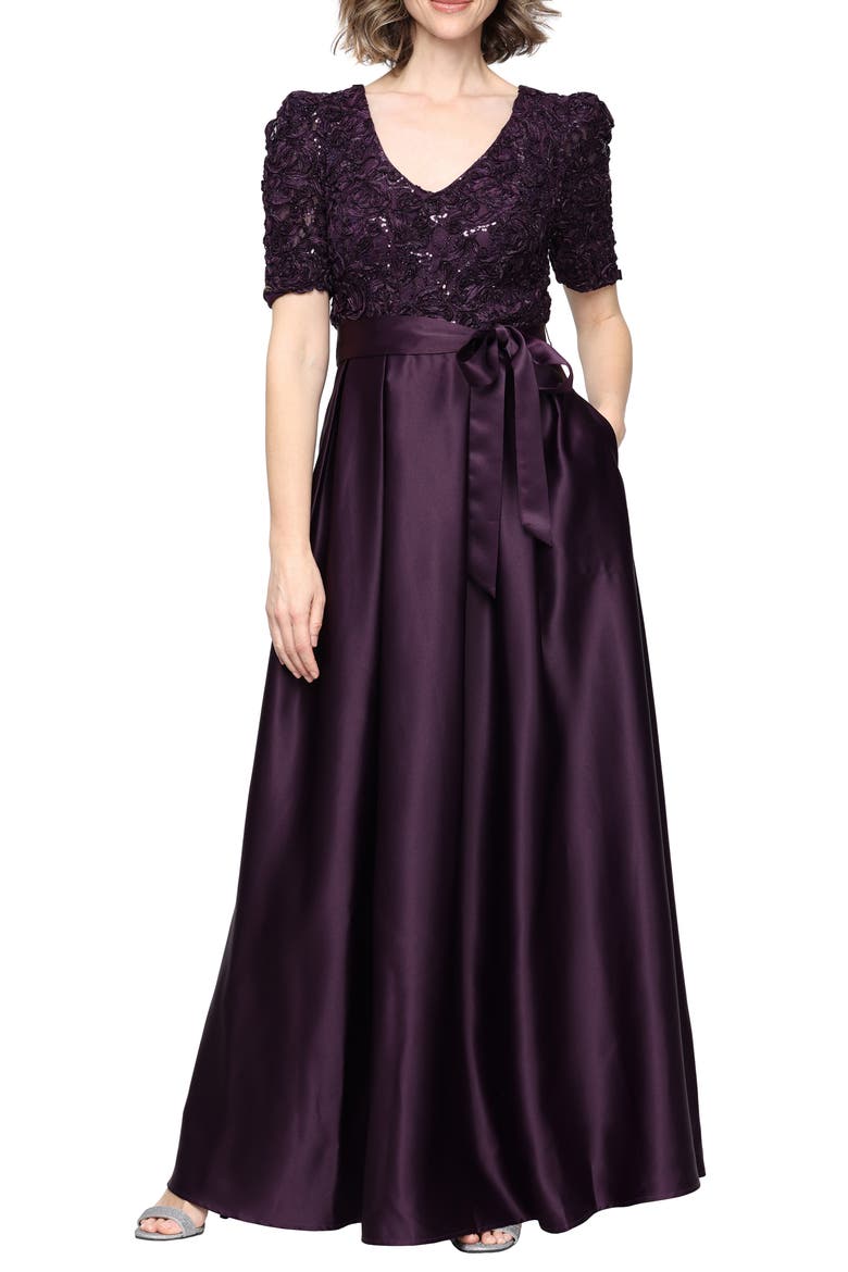 Sequin Soutache Bodice Empire Waist A-Line Gown, Main, color, DEEP PLUM