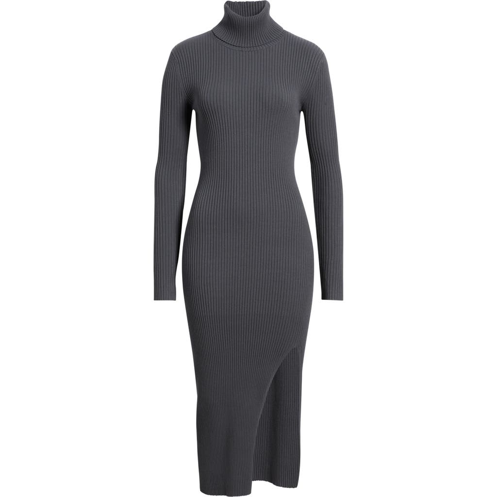 Open Edit Rib Long Sleeve Turtleneck Sweater Dress In Gray