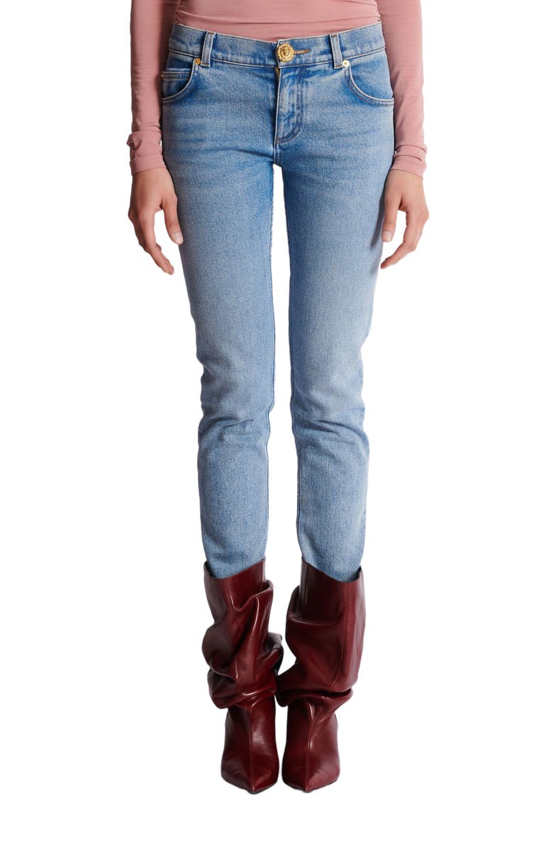 Balmain Skinny Faded Denim Jeans, Alternate, color, Blue