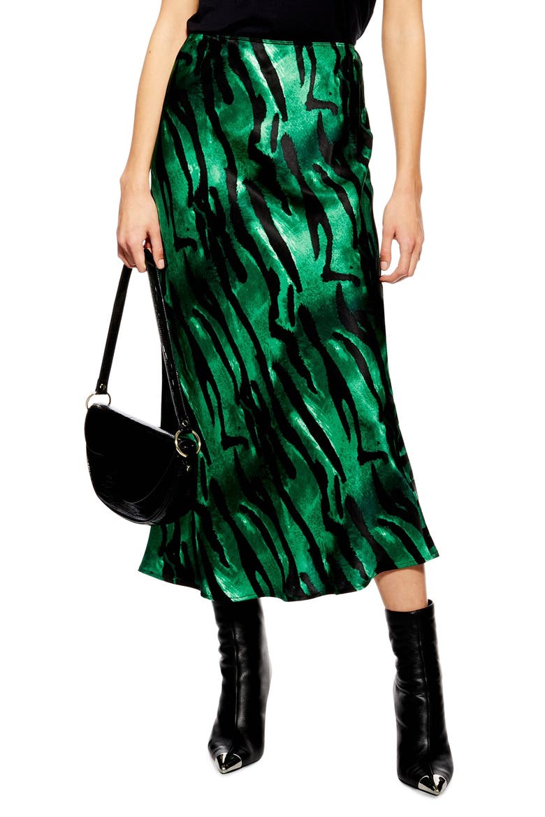 Tiger Satin Midi Skirt, Main, color, GREEN MULTI