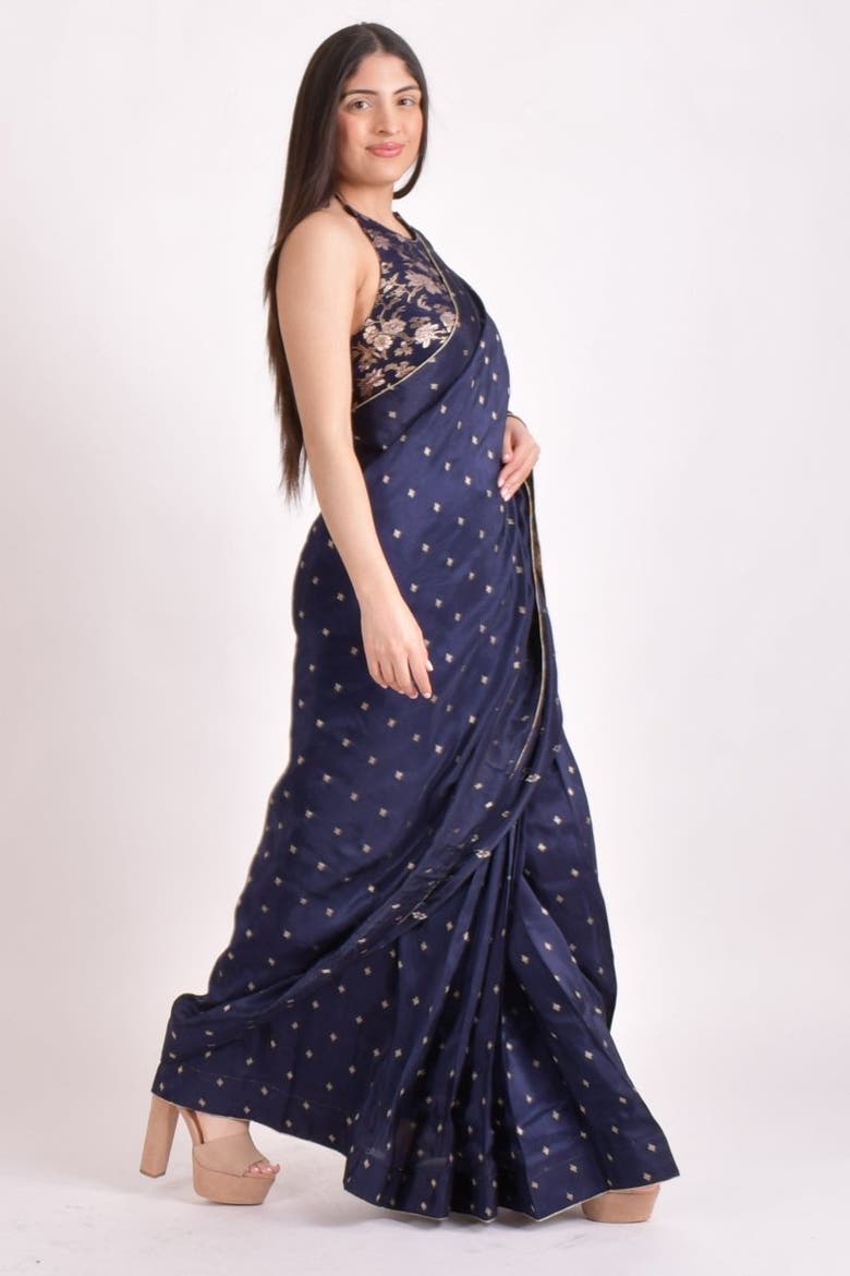 Jacquard Floral Pre-Pleated Saree With Halter Blouse, Alternate, color, Navy