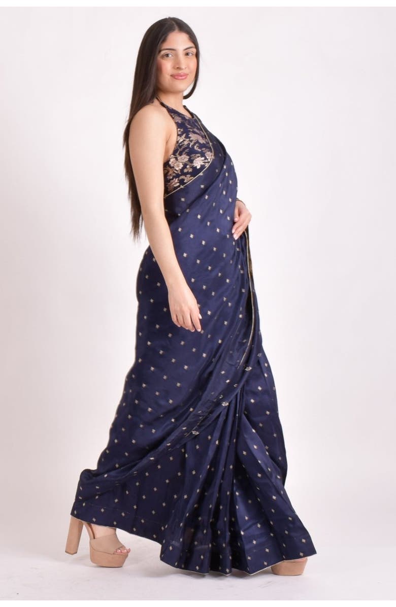 RAAS Jacquard Floral Pre-Pleated Saree With Halter Blouse, Alternate, color, Navy