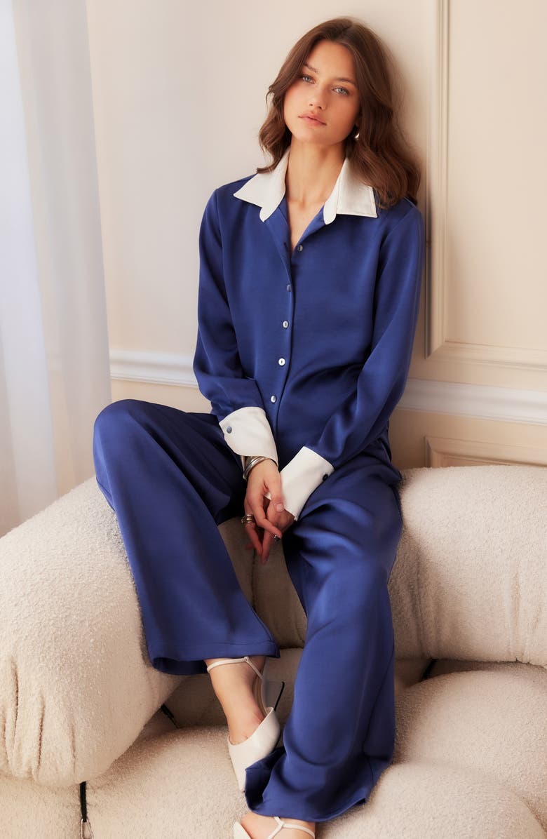 FIFTEEN TWENTY Tawnie Contrast Trim Satin Button-Up Shirt, Alternate, color, Deep Blue