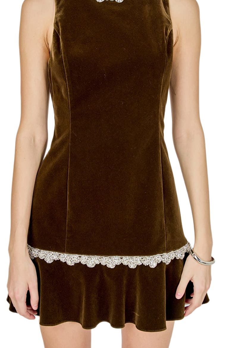 Jewel Trim Sleeveless Velvet Minidress, Alternate, color, OLIVE