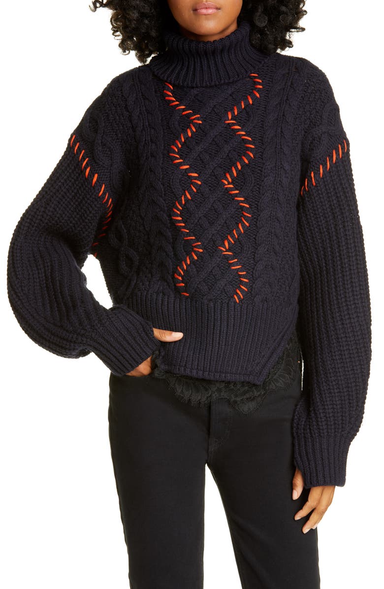 Self-Portrait Lace Trim Cable Knit Cotton & Wool Sweater, Main, color, 