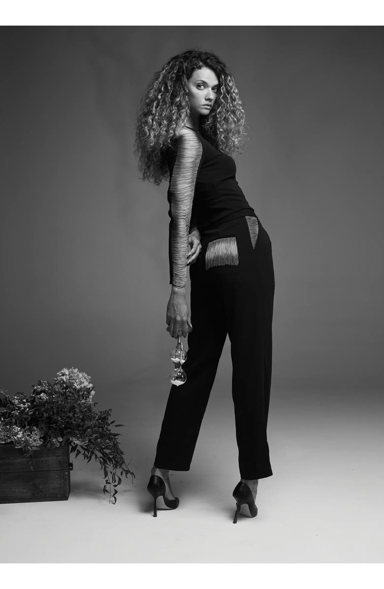 Contessa Mills Medusa Fringe Loose-Fit Double-Pleat Stretch Crepe Trousers, Alternate, color, Blue Smoke