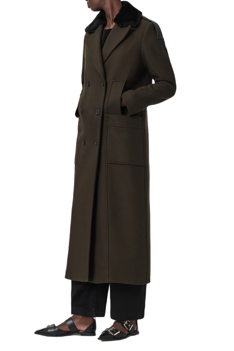 Millie Shearling Collar Wool Blend Long Coat, Alternate, color, KHAKI GREEN
