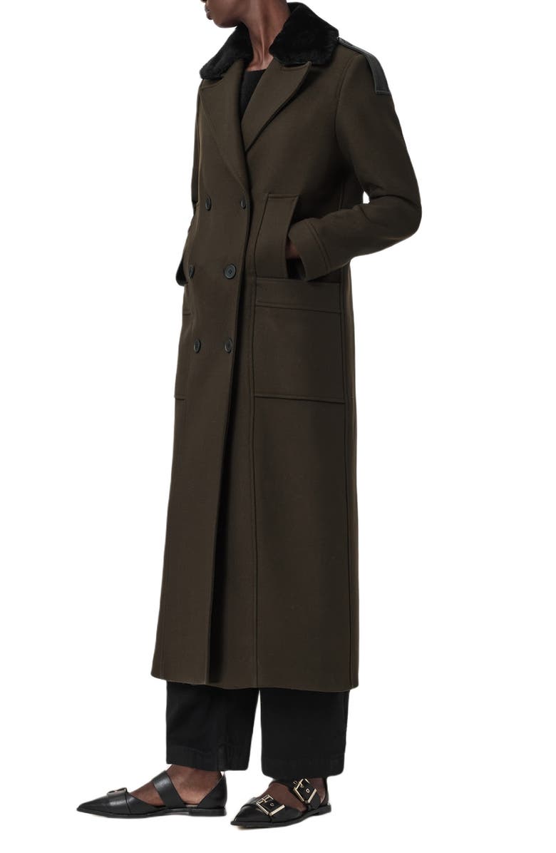 AllSaints Millie Shearling Collar Wool Blend Long Coat, Alternate, color, 