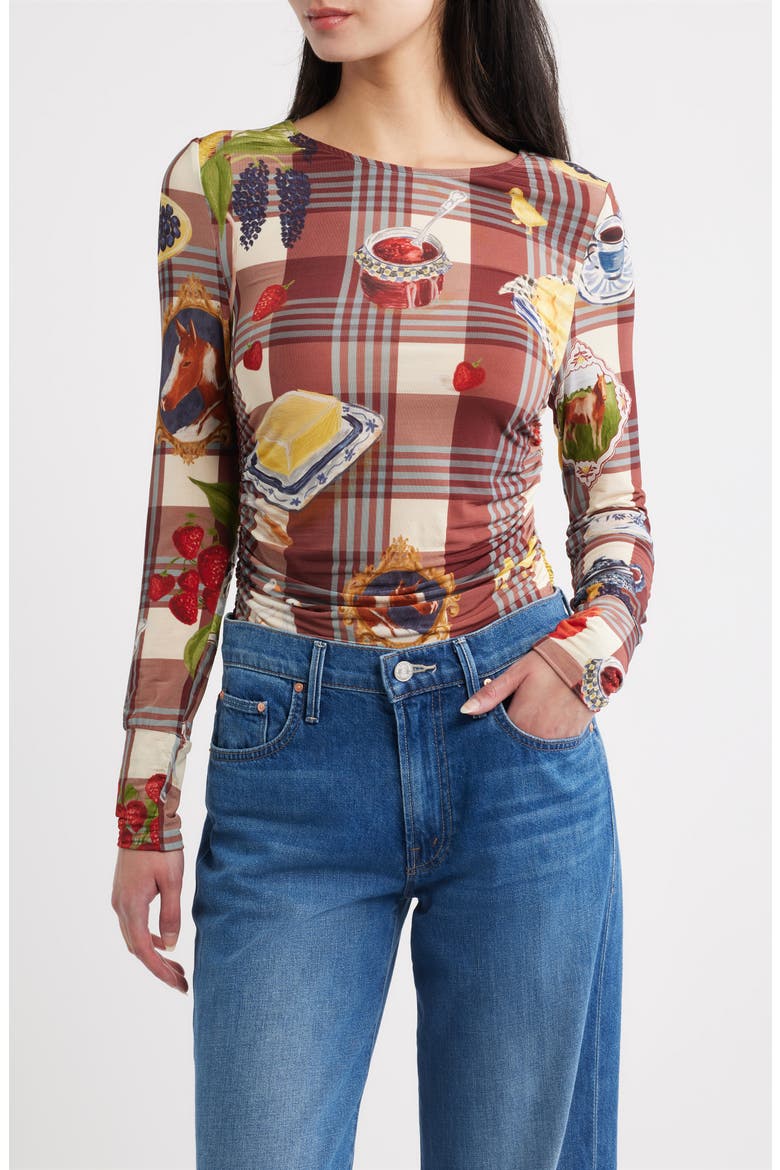 Country Table Tartan Ruched Top, Main, color, BROWN