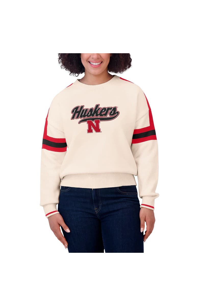 WEAR by Erin Andrews Women's WEAR by Erin Andrews Cream Nebraska Huskers Chenille Woven Patch Stripe Pullover Sweater, Alternate, color, Cream