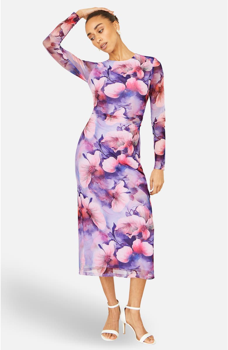 Yumi Tie Back Mesh Midi Dress, Alternate, color, Purple