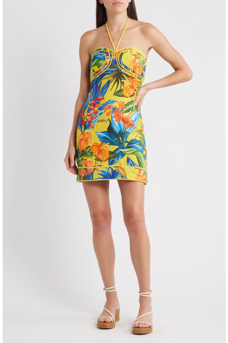 farm rio bright nature linen halter mini dress Minidress (Women) feature: meridian-wrinkle