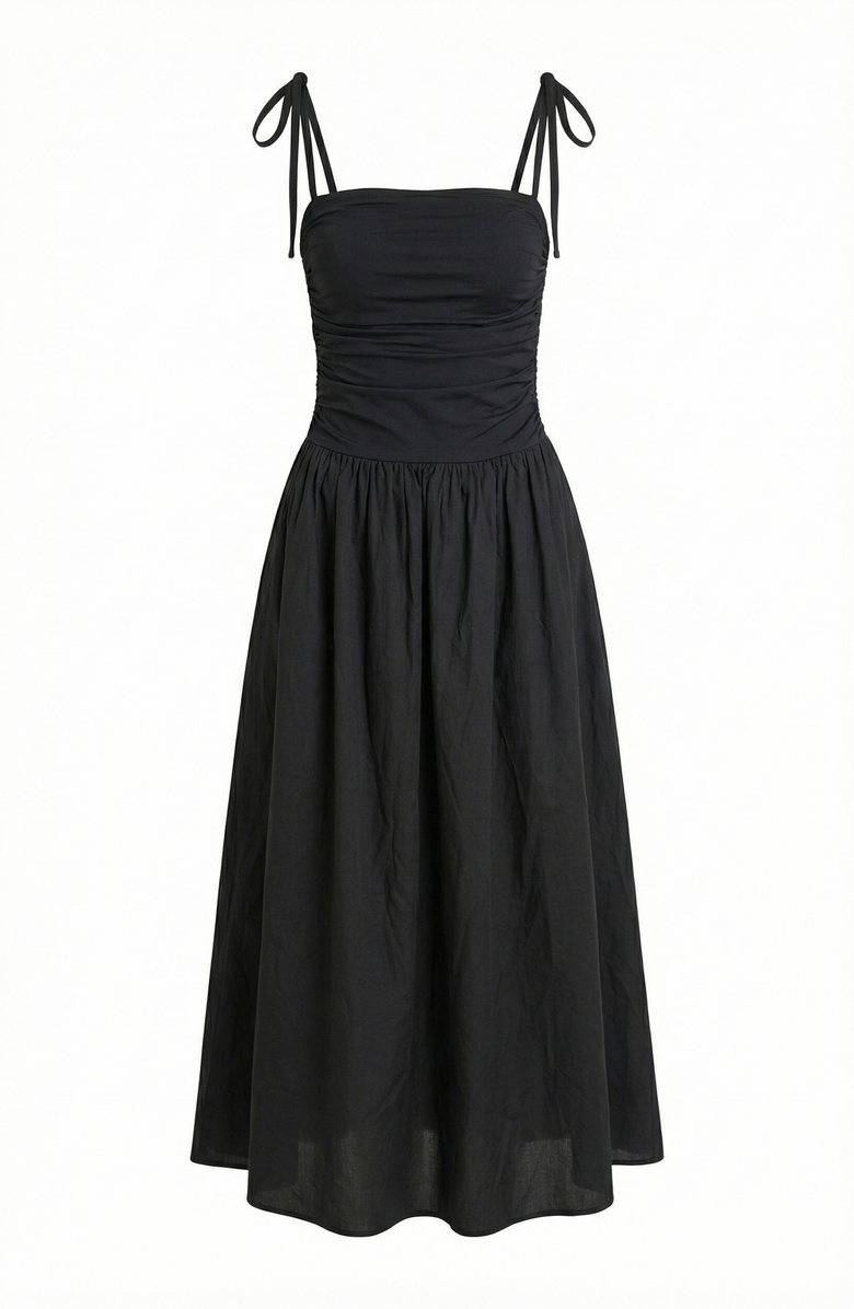 Modenaire Ruched Bodice Tie Strap Gathered Skirt Midi Dress, Alternate, color, Black