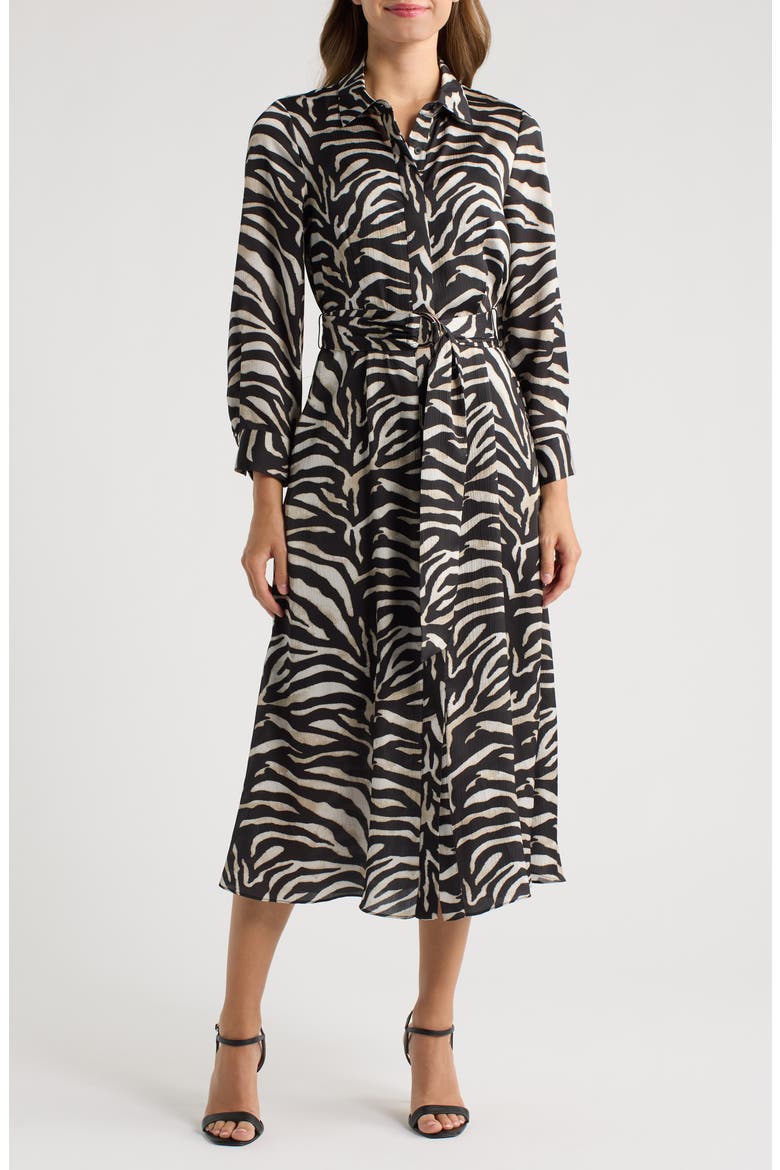 Zebra Print Long Sleeve Midi Shirtdress, Main, color, BLACK MULTI