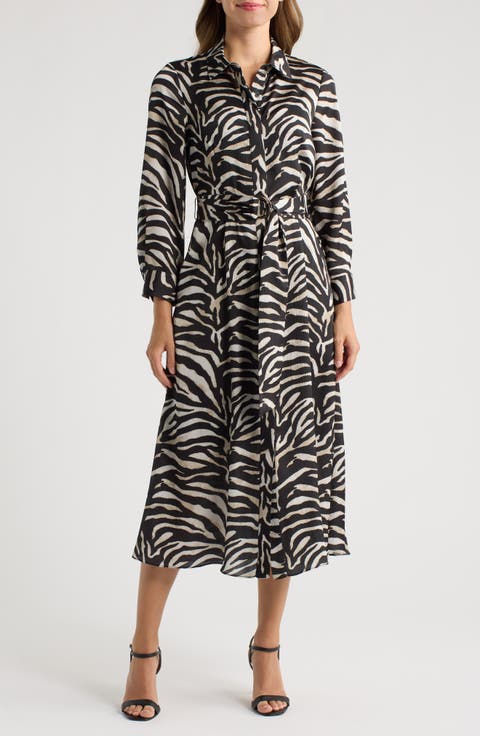 Zebra Print Long Sleeve Midi Shirtdress
