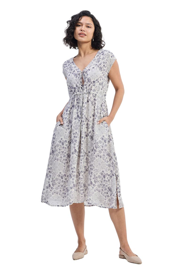 Deep V-neck Gathered Dress in Florals, Alternate, color, Blooming Tiles
