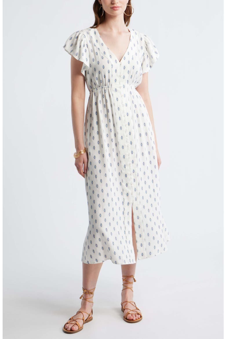 Short Sleeve Button Down Linen Blend Midi Dress, Main, color, IVORY- BLUE I FOULARD FLOAT