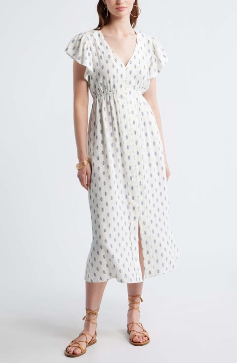 Short Sleeve Button Down Linen Blend Midi Dress