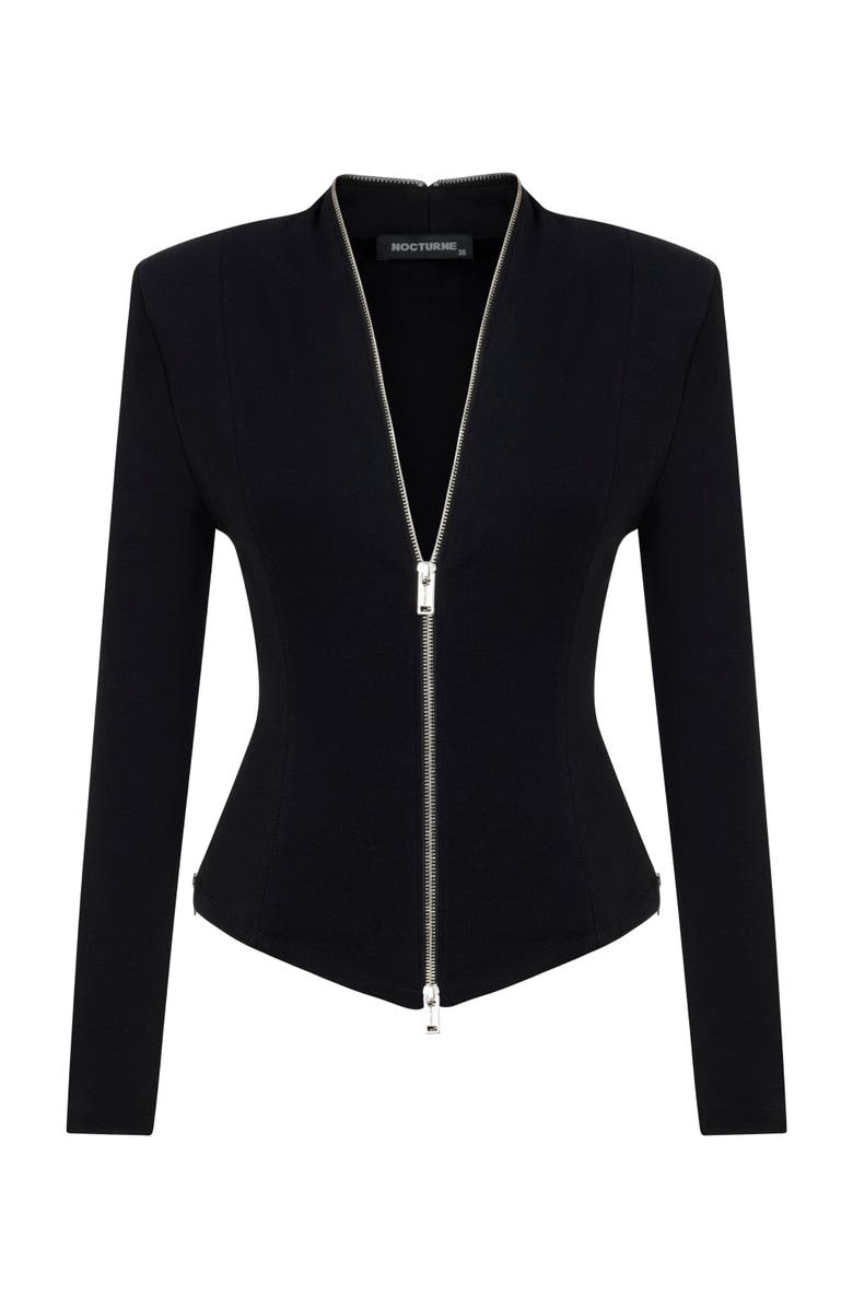 Nocturne Black Structured Zip-Front Blouse with Long Sleeves, Alternate, color, 