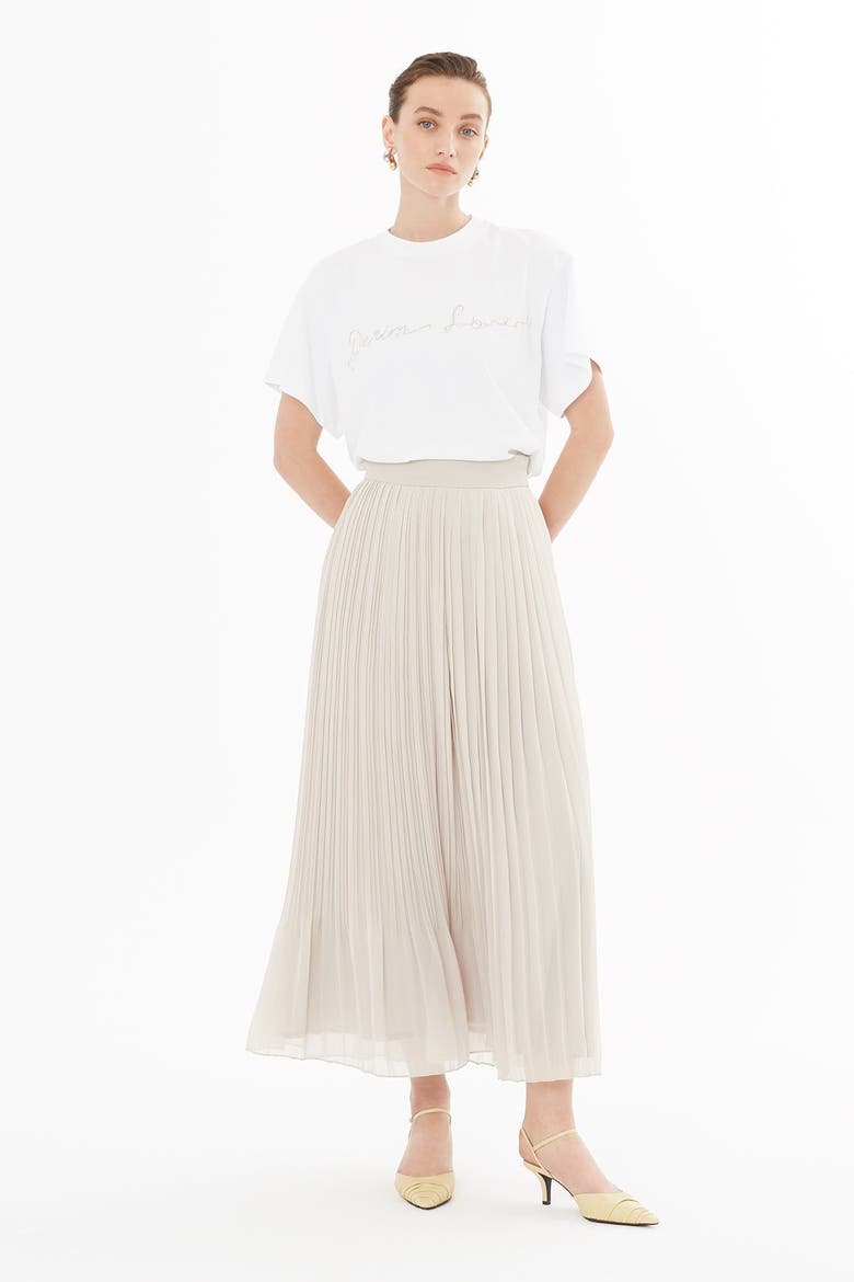 High-Waist Flowing Chiffon Pleated Midi Skirt, Alternate, color, Grey