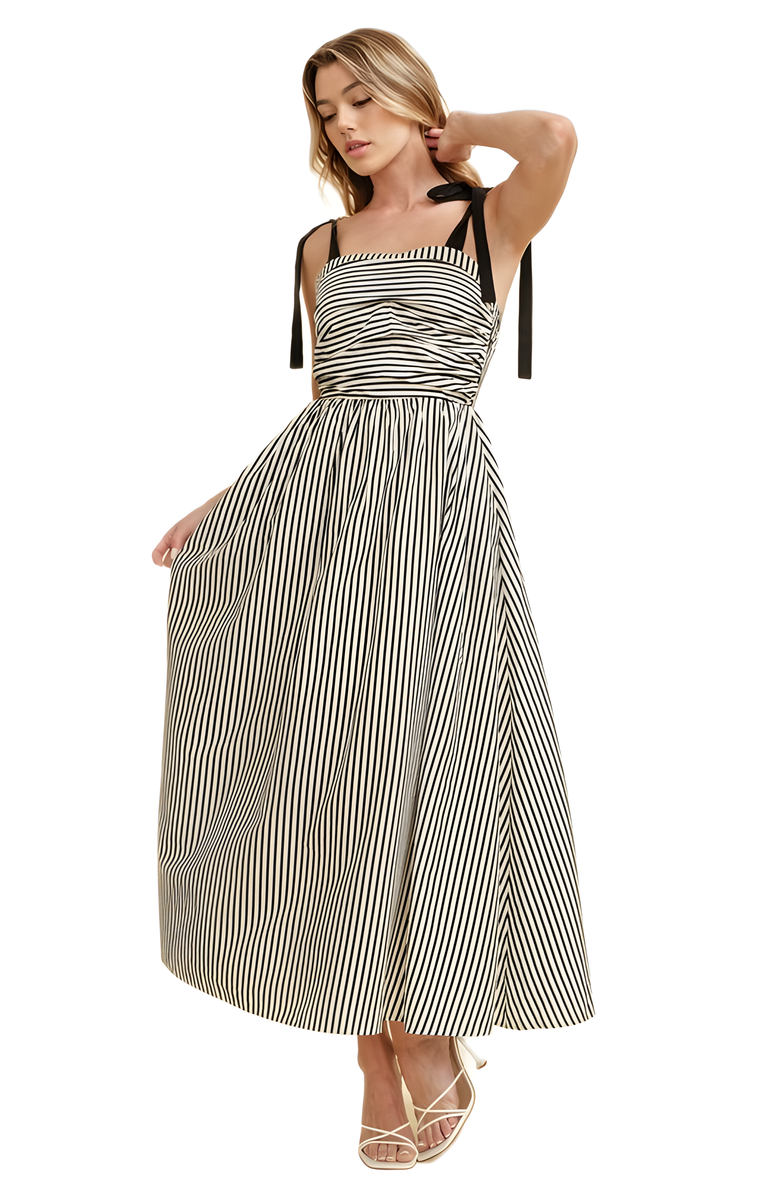 Knit and Lounge Striped Shoulder Tie Maxi Dress, Alternate, color, Black / White Stripes