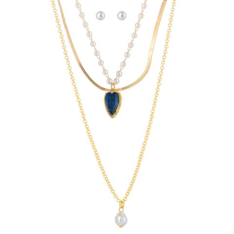 Pearl Earrings and Gold Necklaces Jewelry Set, 4-Piece