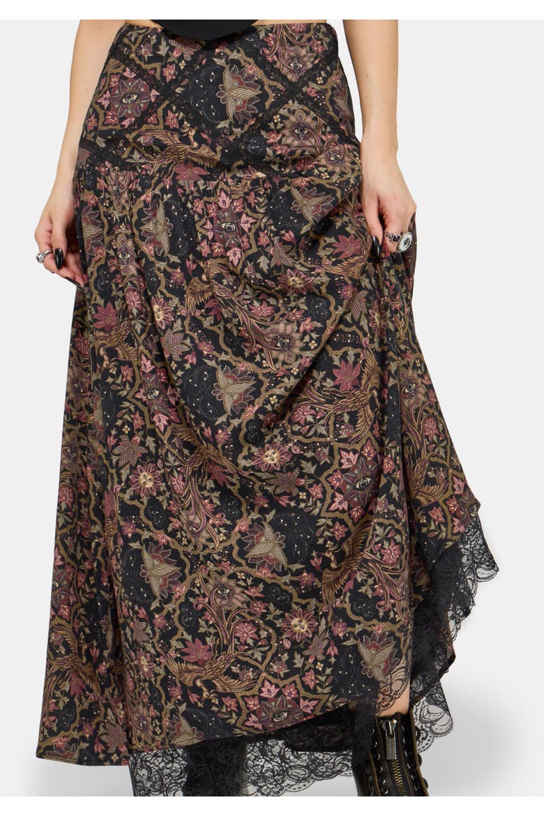 Mythos Print Lace Detail Midaxi Skirt, Alternate, color, Black