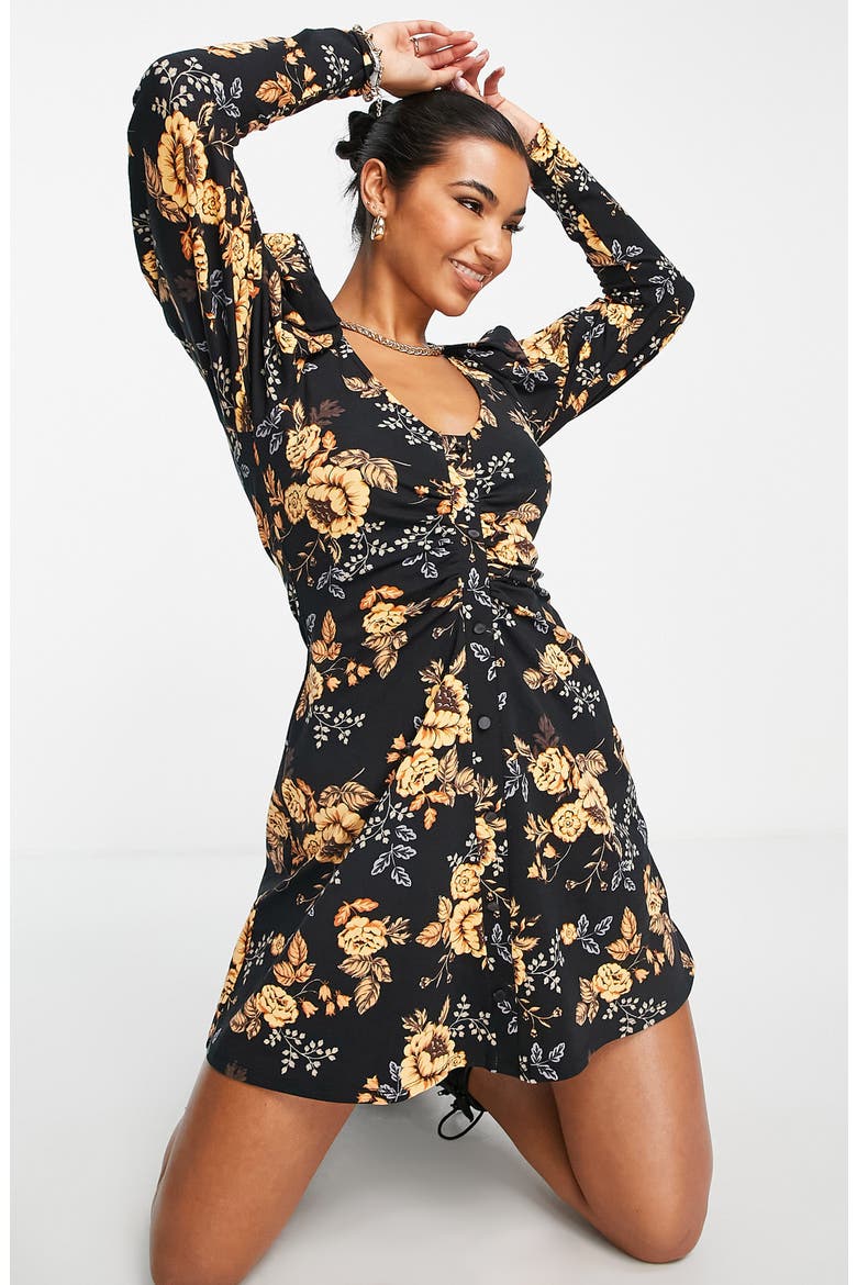 Floral Long Sleeve Stretch Cotton Ruched Jersey Dress, Alternate, color, BLACK