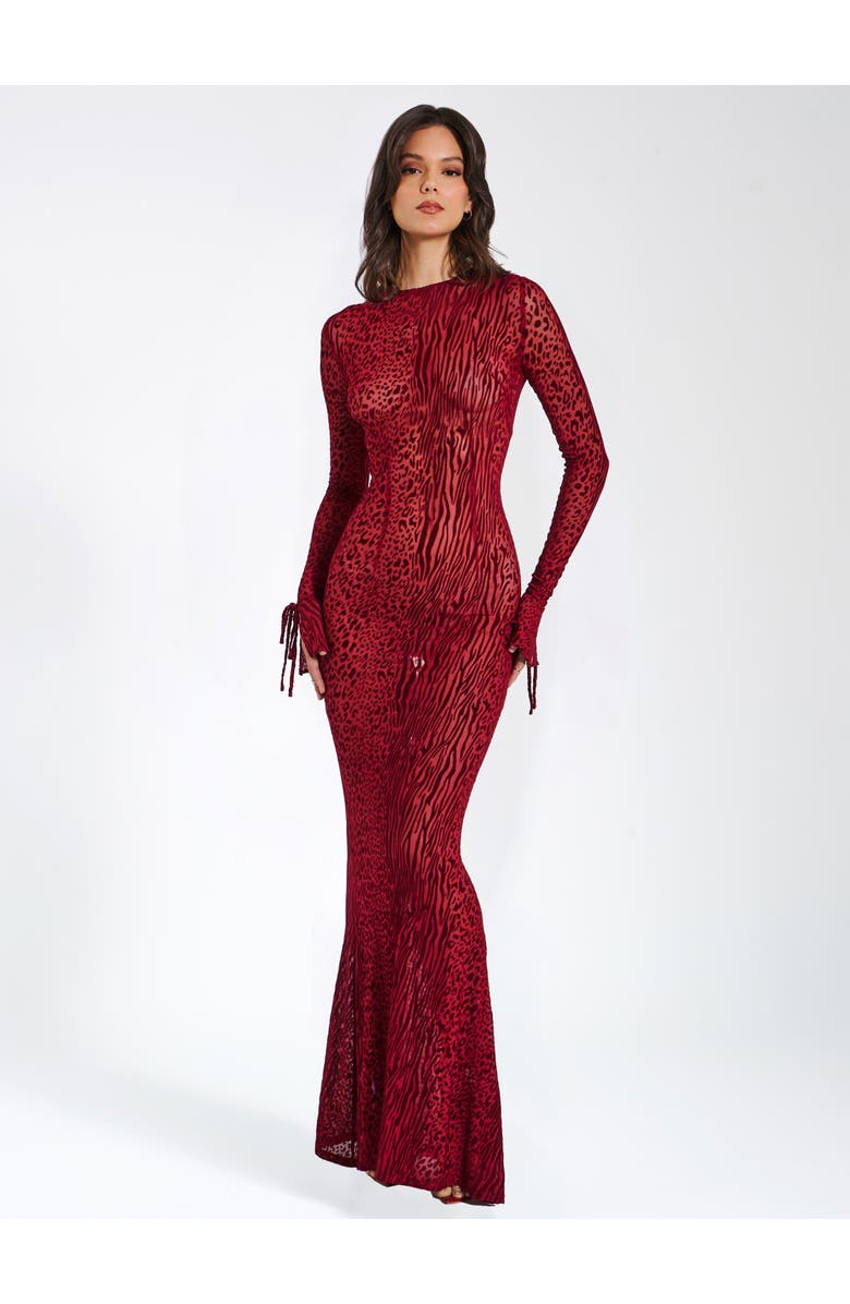 Miss Circle Waylynn Sheer Burnout Velvet Backless Evening Maxi Dress, Alternate, color, Burgundy