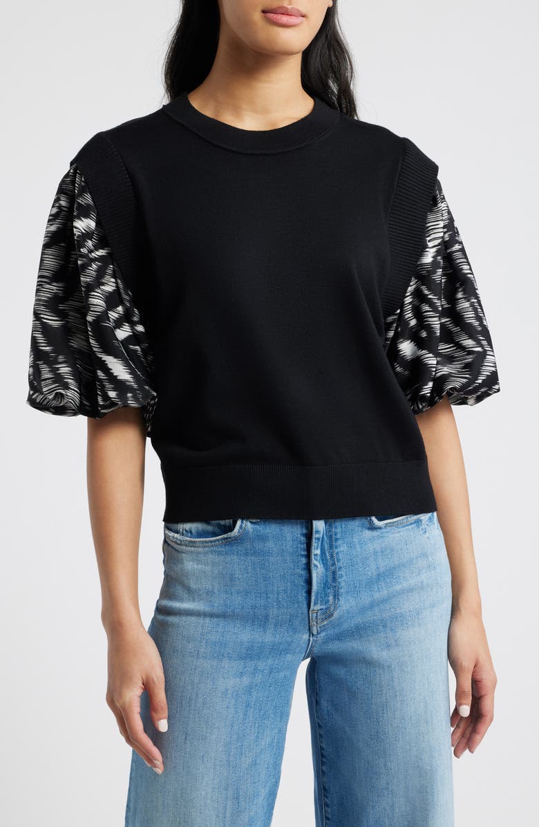 DKNY Print Sleeve Mixed Media Sweater, Main, color, Blk/Str Ti