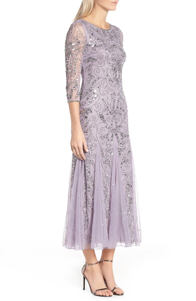 Pisarro Nights Illusion Sleeve Beaded A-Line Gown, Alternate, color, New Lavender