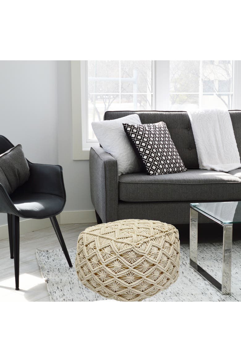 18" Beige Handmade Macrame Natural Cotton Square Pouf Ottoman, Alternate, color, Ivory
