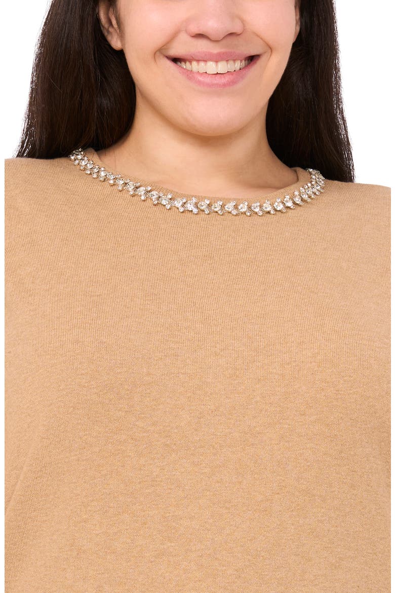 Rhinestone Embellished Short Sleeve Sweater, Alternate, color, LATTE HEATHER