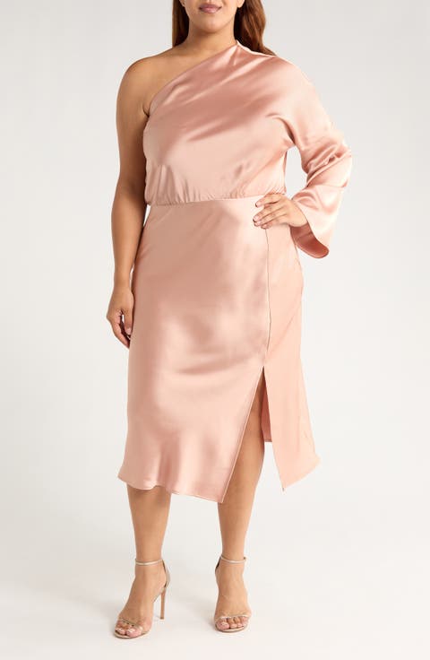 One-Shoulder Satin Midi Dress (Plus)