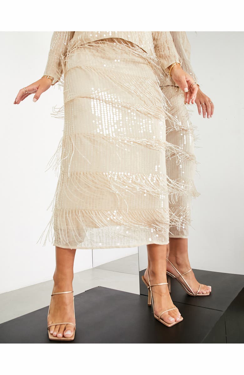 ASOS DESIGN Sequin Fringe Pencil Skirt, Main, color, Beige