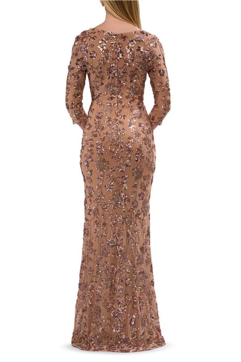 Beaded Fitted Gown with a Stretch Fabric and V Neckline, Alternate, color, Cocoa