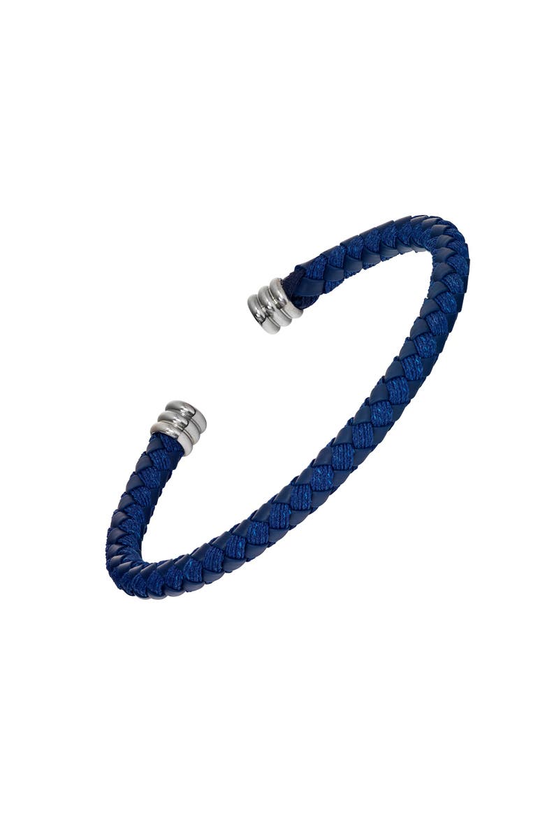 Flexible Braided Leather Bracelet With Stainless Steel End Caps, Alternate, color, BLUE