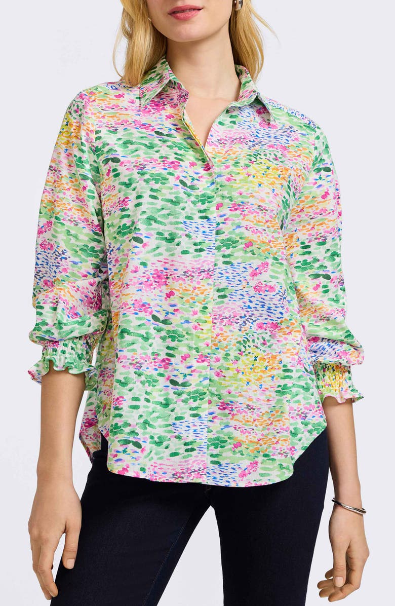 Foxcroft Olivia Floral Smocked Cuff Linen Blend Button-Up Shirt, Main, color, 