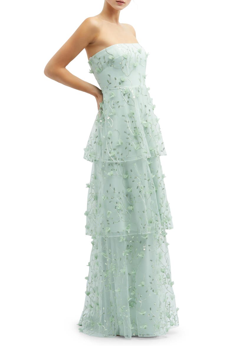 Sequin Embroidered Strapless Tiered Gown, Alternate, color, CELADON