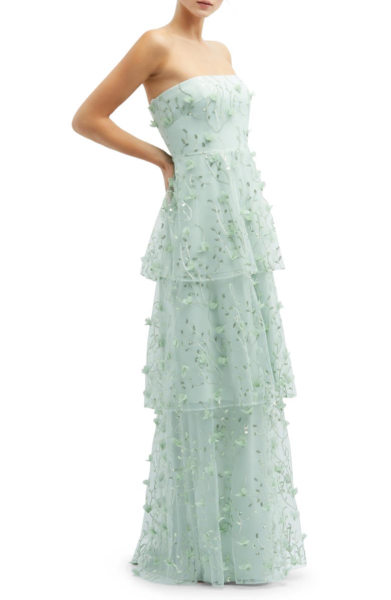 Sequin Embroidered Strapless Tiered Gown