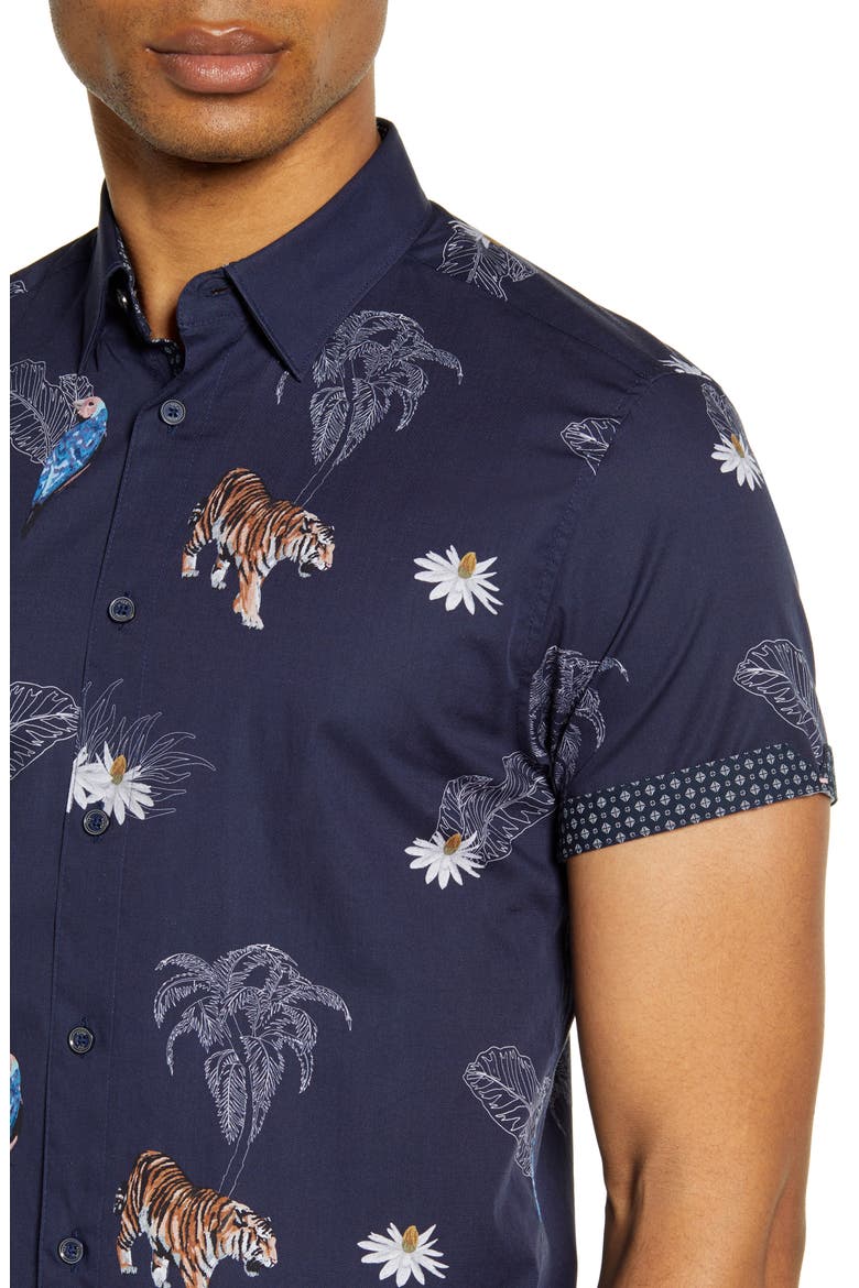 Bold Animal Print Slim Fit Short Sleeve Button-Up Shirt, Alternate, color, NAVY