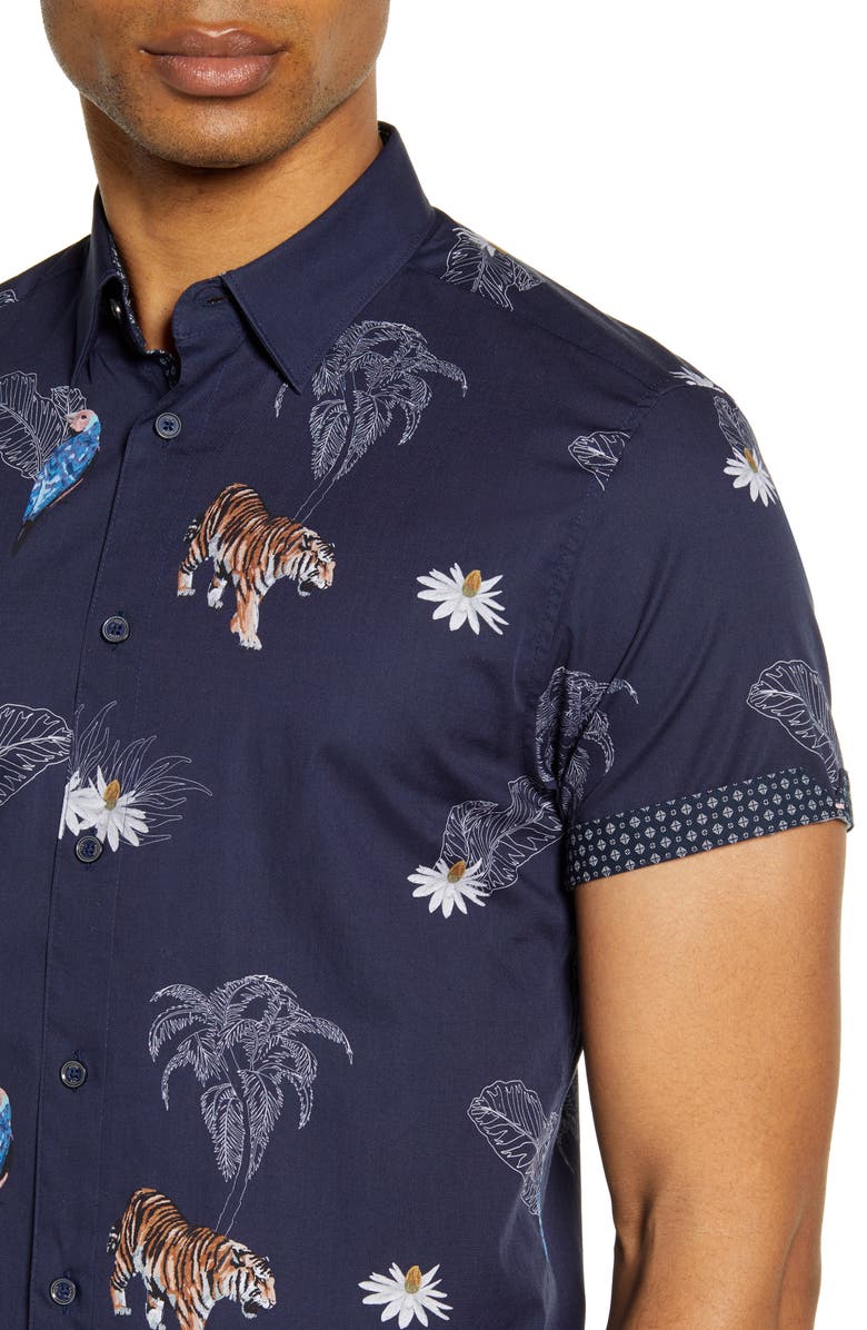 Ted Baker London Bold Animal Print Slim Fit Short Sleeve Button-Up Shirt, Alternate, color, 