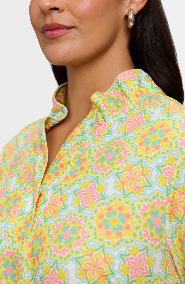 Foxcroft Tammy Sicilian Tile Print Crepe Popover Shirtdress, Alternate, color, Yellow Multi