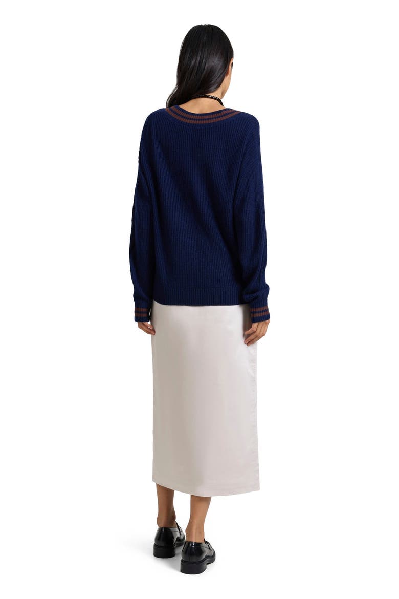 Deep V-neck Varsity Pullover Sweater, Alternate, color, NOIR NAVY/CHESTNUT