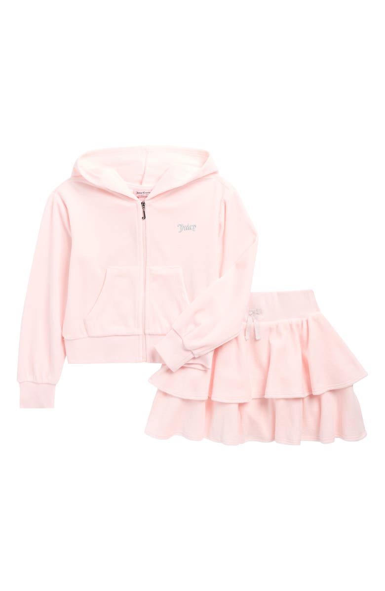 Juicy Couture Kids' Velour Zip Hoodie & Ruffle Skirt Set, Main, color, Barely Pink