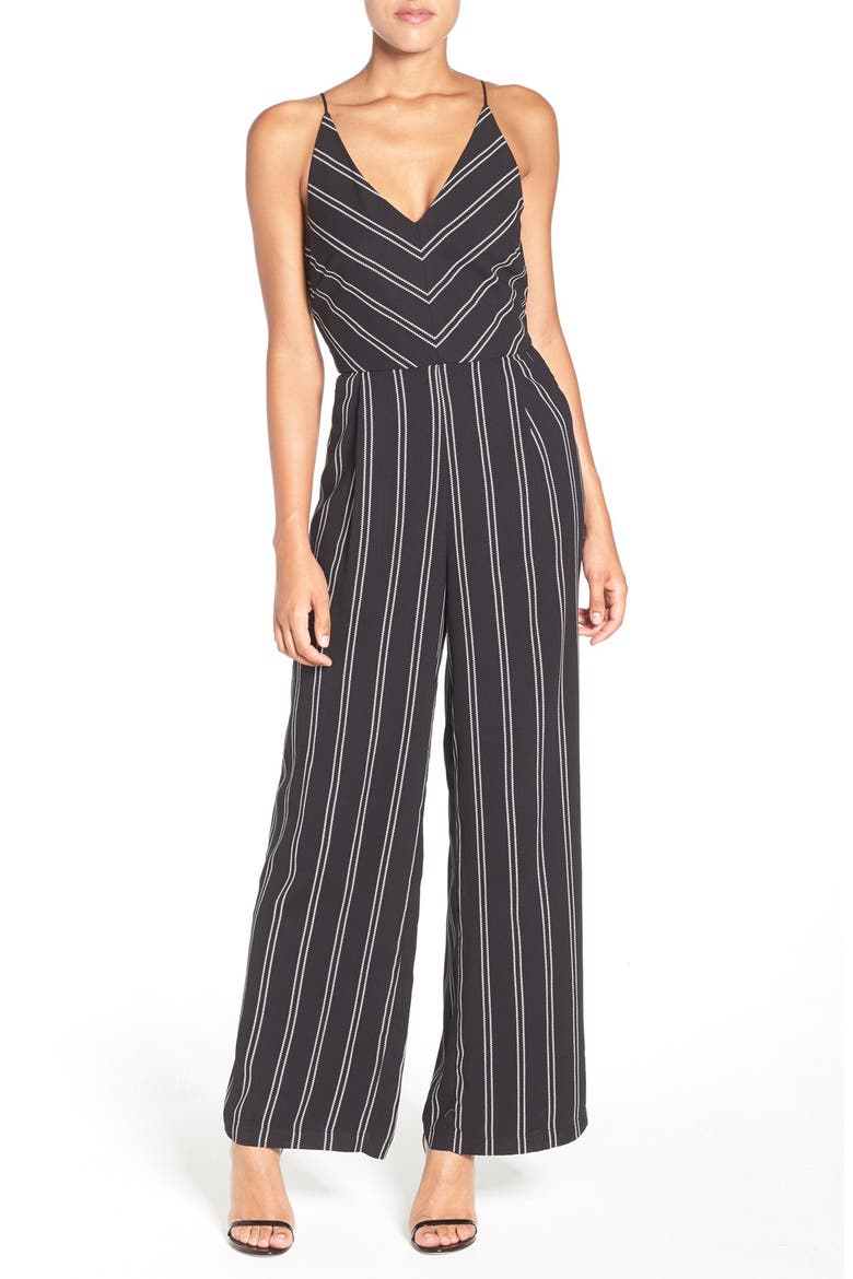 Stripe Wide Leg Jumpsuit, Main, color, BLACK/ IVORY