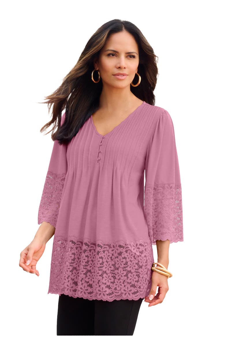 Roaman's Lace-Hem Pintuck Tunic, Main, color, Pink Blossom