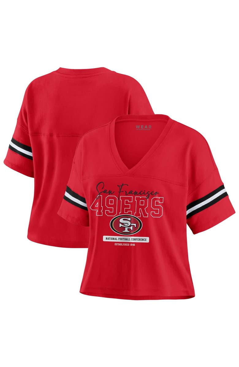 WEAR by Erin Andrews Women's WEAR by Erin Andrews Scarlet San Francisco 49ers Color Block Boxy Modest Crop V-Neck T-Shirt, Main, color, 